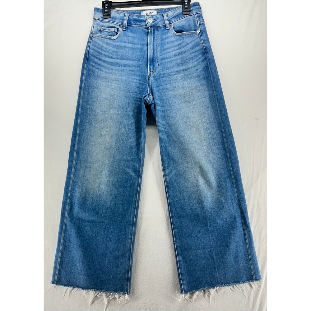 Paige Anessa Mesmerize High Rise Wide Leg Raw Hem Jeans Blue Wash Size 27